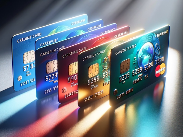 4 colorful and glossy realistic looking credit cards displayed at an angle