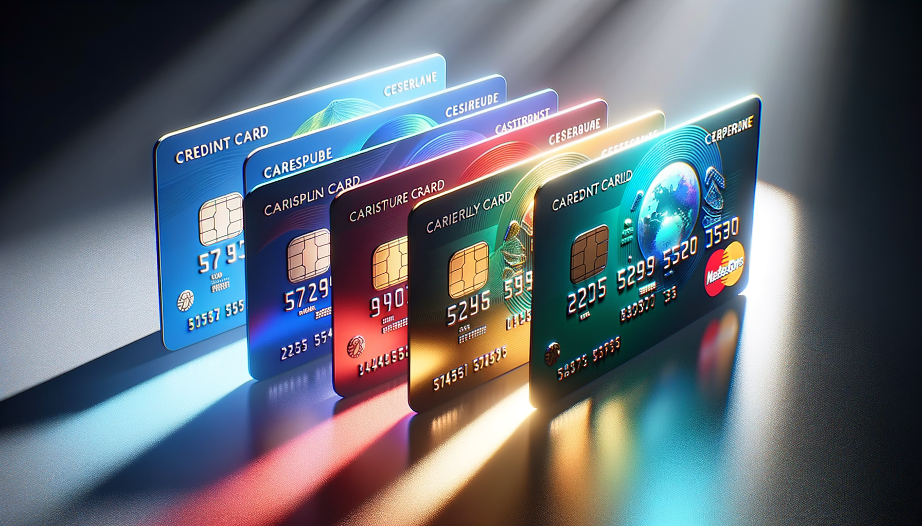 4 colorful and glossy realistic looking credit cards displayed at an angle