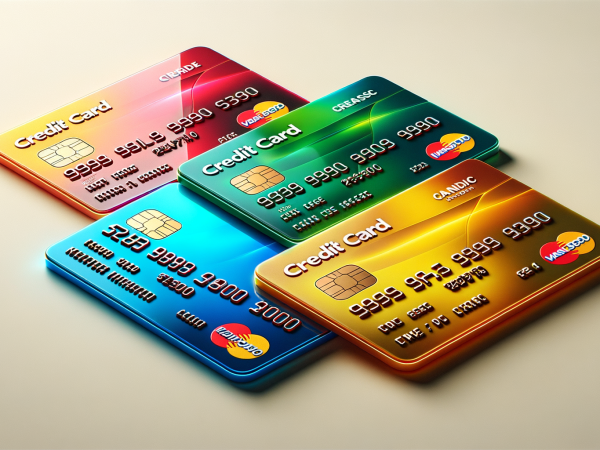 4 colorful and glossy realistic looking credit cards displayed at an angle