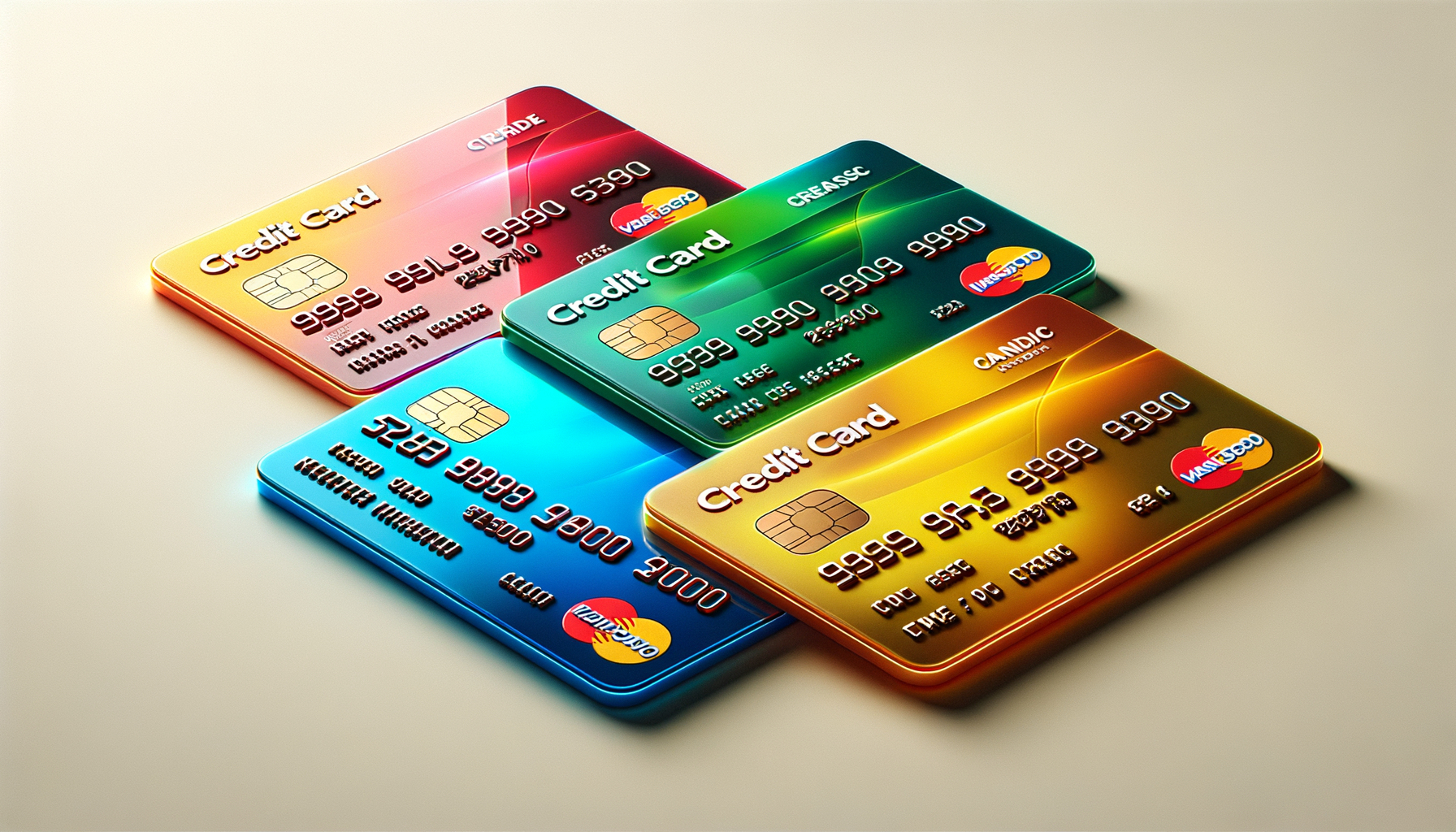 4 colorful and glossy realistic looking credit cards displayed at an angle